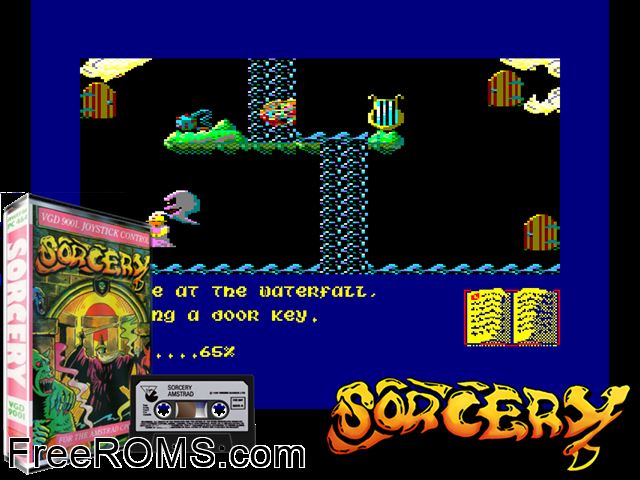 Sorcery (UK) (1985) [h1] Amstrad CPC game showing 3D box cover and gameplay screenshot